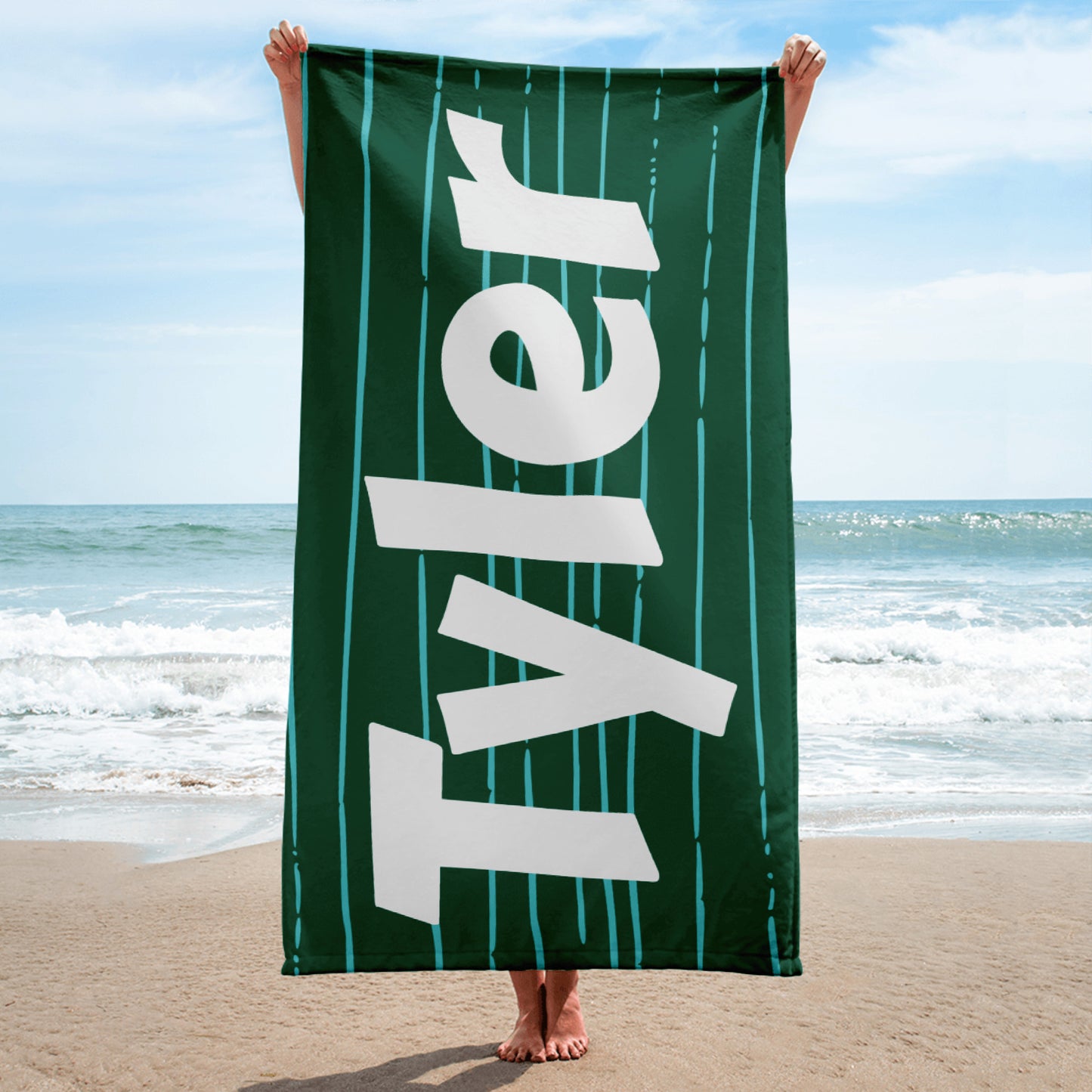 Green and Blue Stripe Personalized Beach Towel